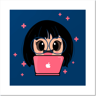 Cute Girl with Laptop Cartoon Posters and Art